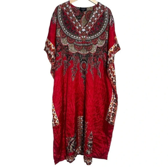Ashro 1990’s one size red black yellow Hippie‎ boho maxi v-neck caftan dress - Picture 1 of 7